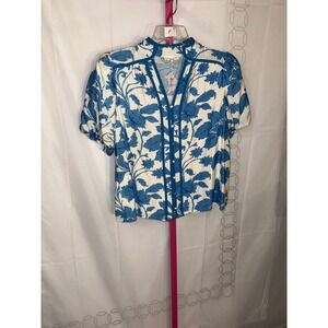 Entro Floral Print V-Neck Short Sleeve Blouse Blue White Medium